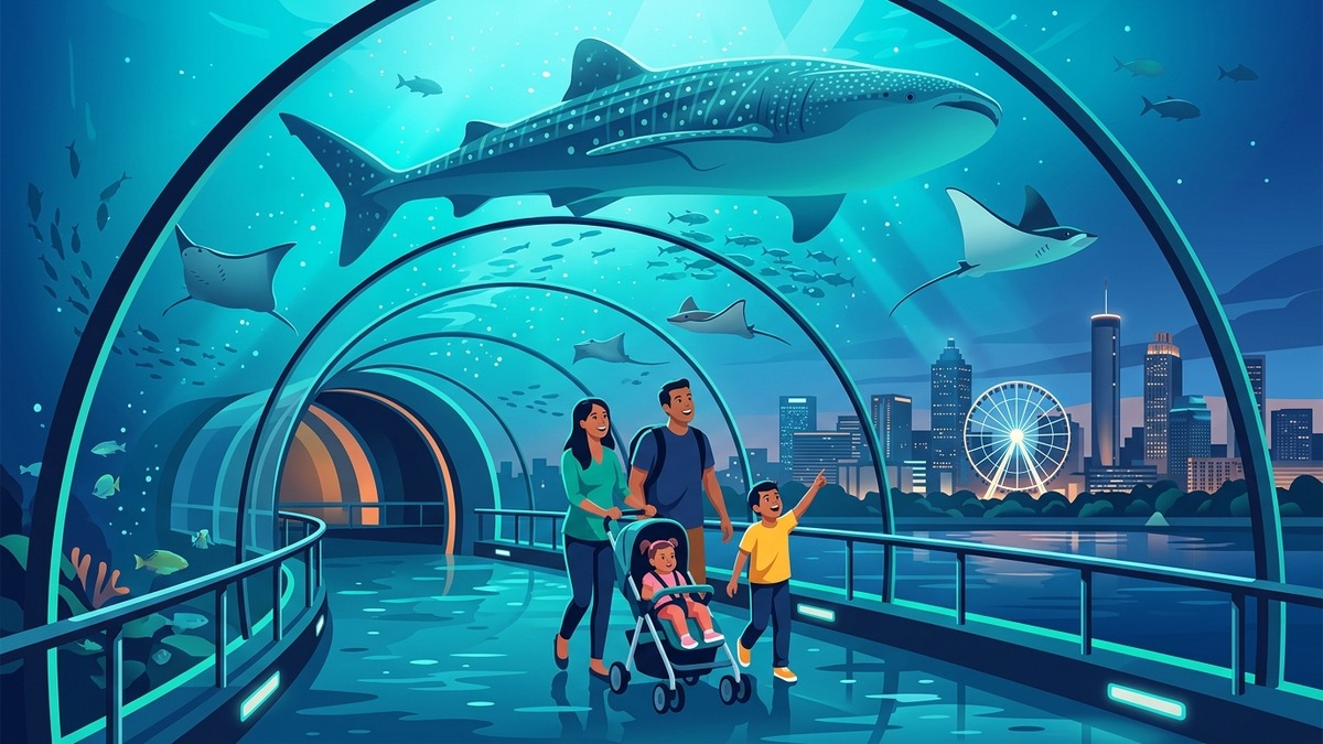 Family inside Georgia Aquarium ocean tunnel with whale sharks and rays