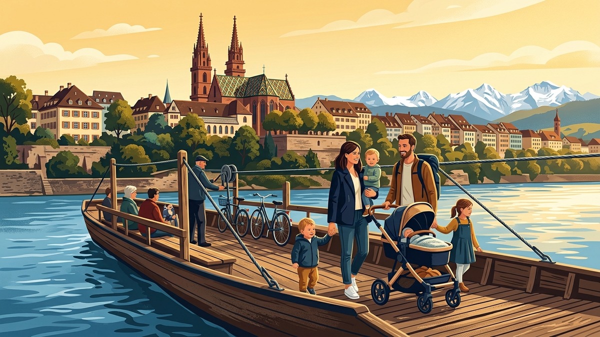 Family on wooden Rhine ferry crossing river in Basel Switzerland with cathedral