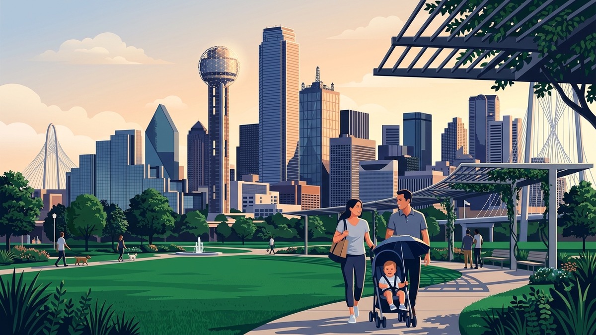 Family exploring Downtown Dallas skyline featuring Reunion Tower and Perot Museum