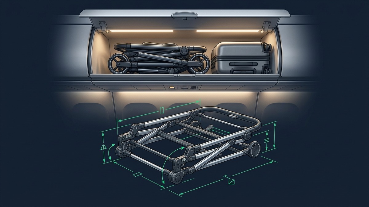 Compact folded stroller fitting effortlessly inside Boeing airplane overhead compartment