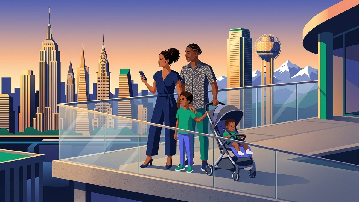 Modern family navigating global travel destinations with stroller accessibility and empirical trip intelligence