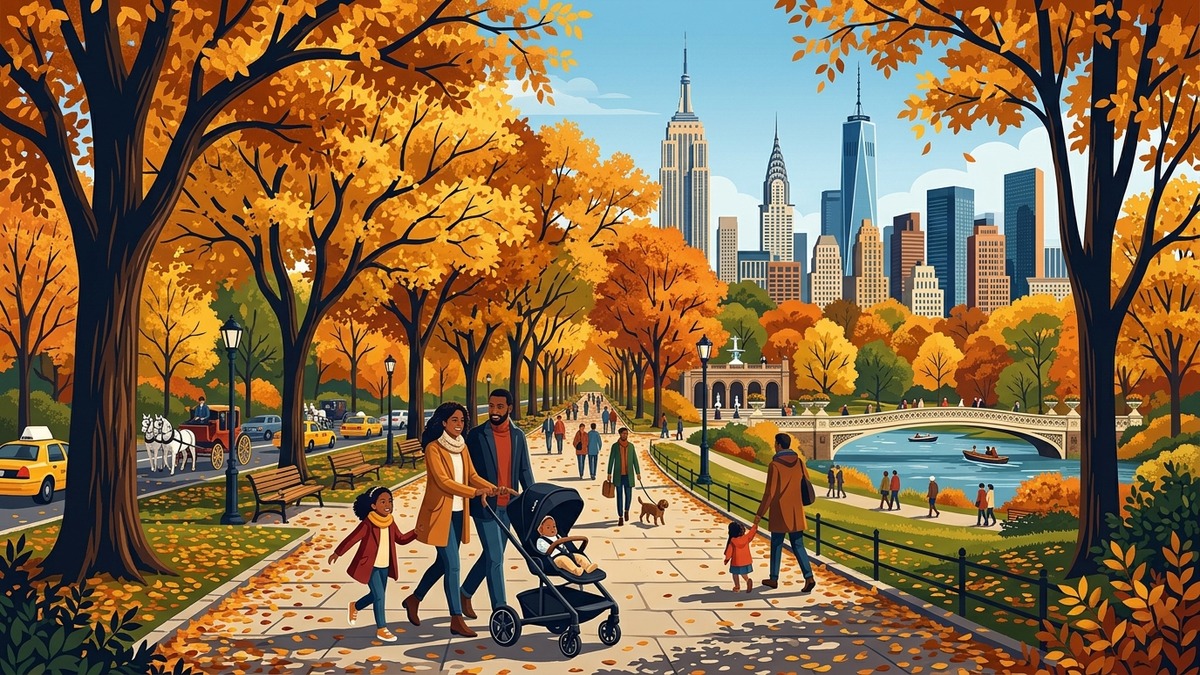 Family walking in Central Park autumn with Manhattan skyline in background